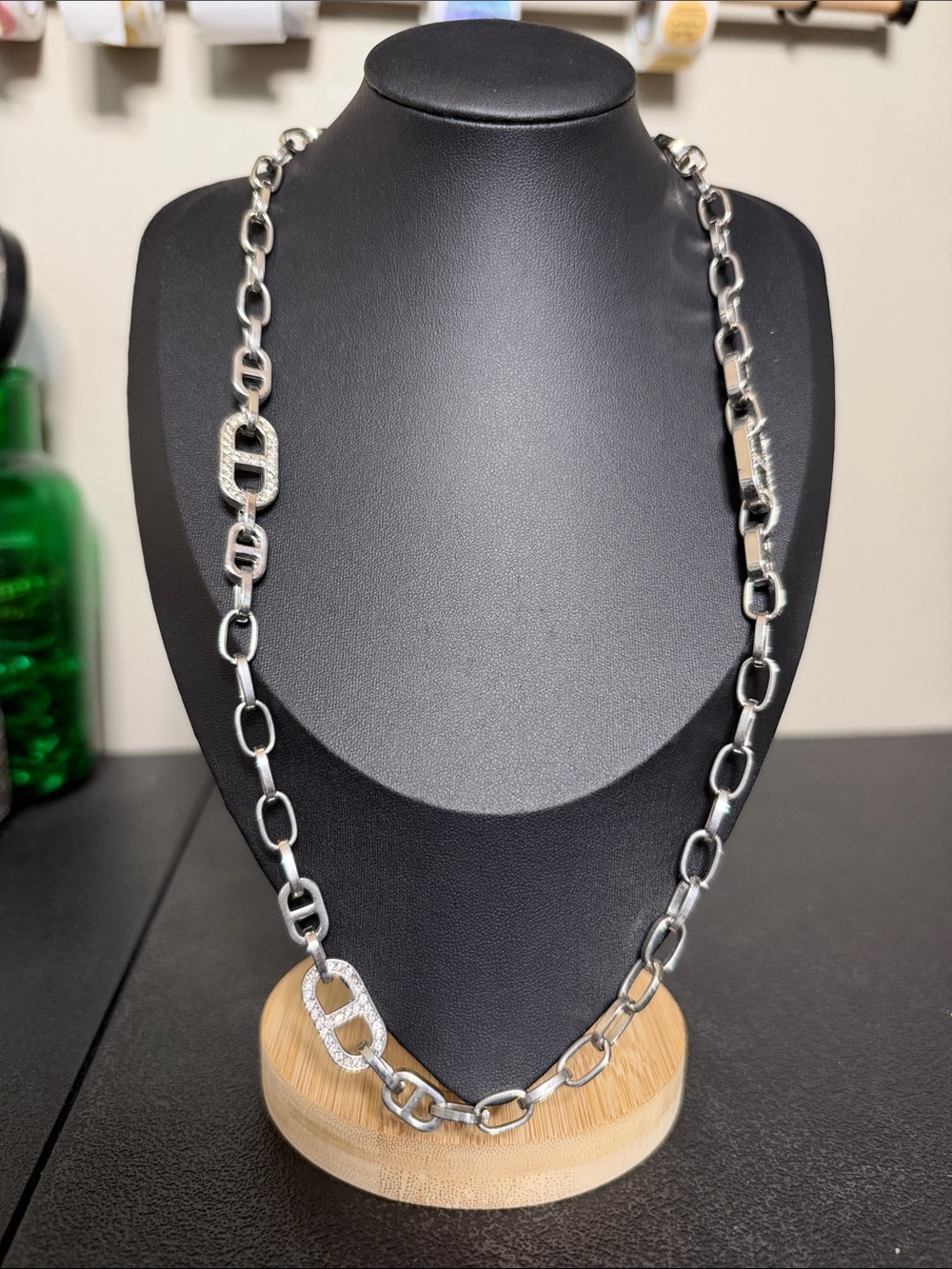 Ann Taylor Silver Tone Link Chain Elegant Necklace with Pavé Accents - Silver
